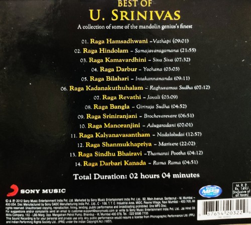 Best of U Srinivas - A Collection of Some of the Mandolin Genius's Finest (MP3 CD) - Image 2