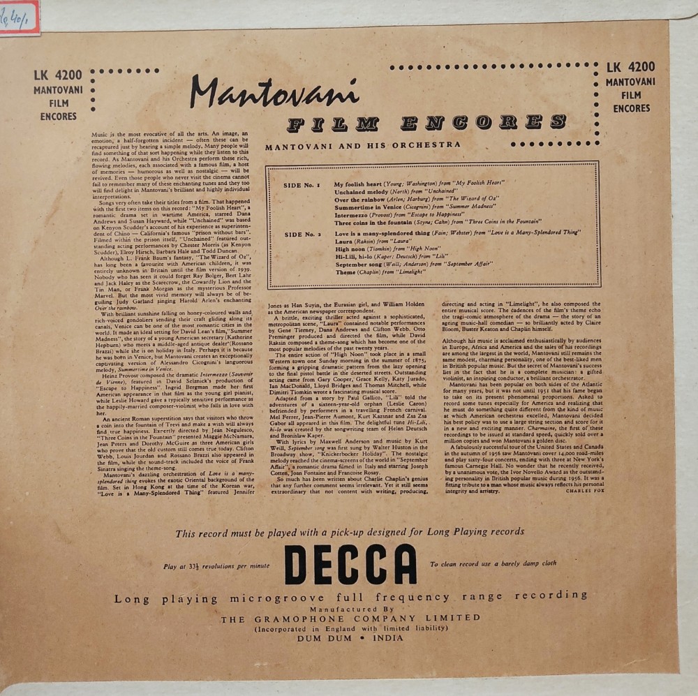 Mantovani Film Encores - Mantovani & His Orchestra - Image 2