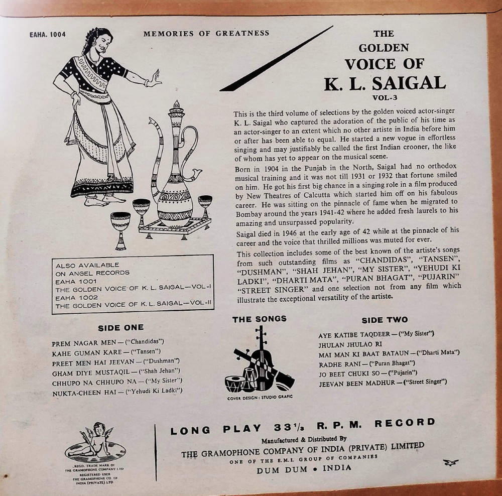 Memories of Greatness - The Golden Voice of KL Saigal Vol.1, 2 & 3 (3 LPs - Angel Pressing) - Image 6