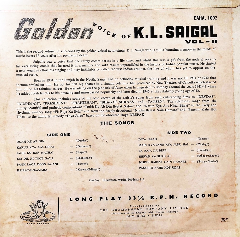 Memories of Greatness - The Golden Voice of KL Saigal Vol.1, 2 & 3 (3 LPs - Angel Pressing) - Image 4