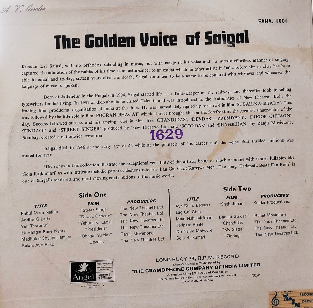 Memories of Greatness - The Golden Voice of KL Saigal Vol.1, 2 & 3 (3 LPs - Angel Pressing) - Image 2